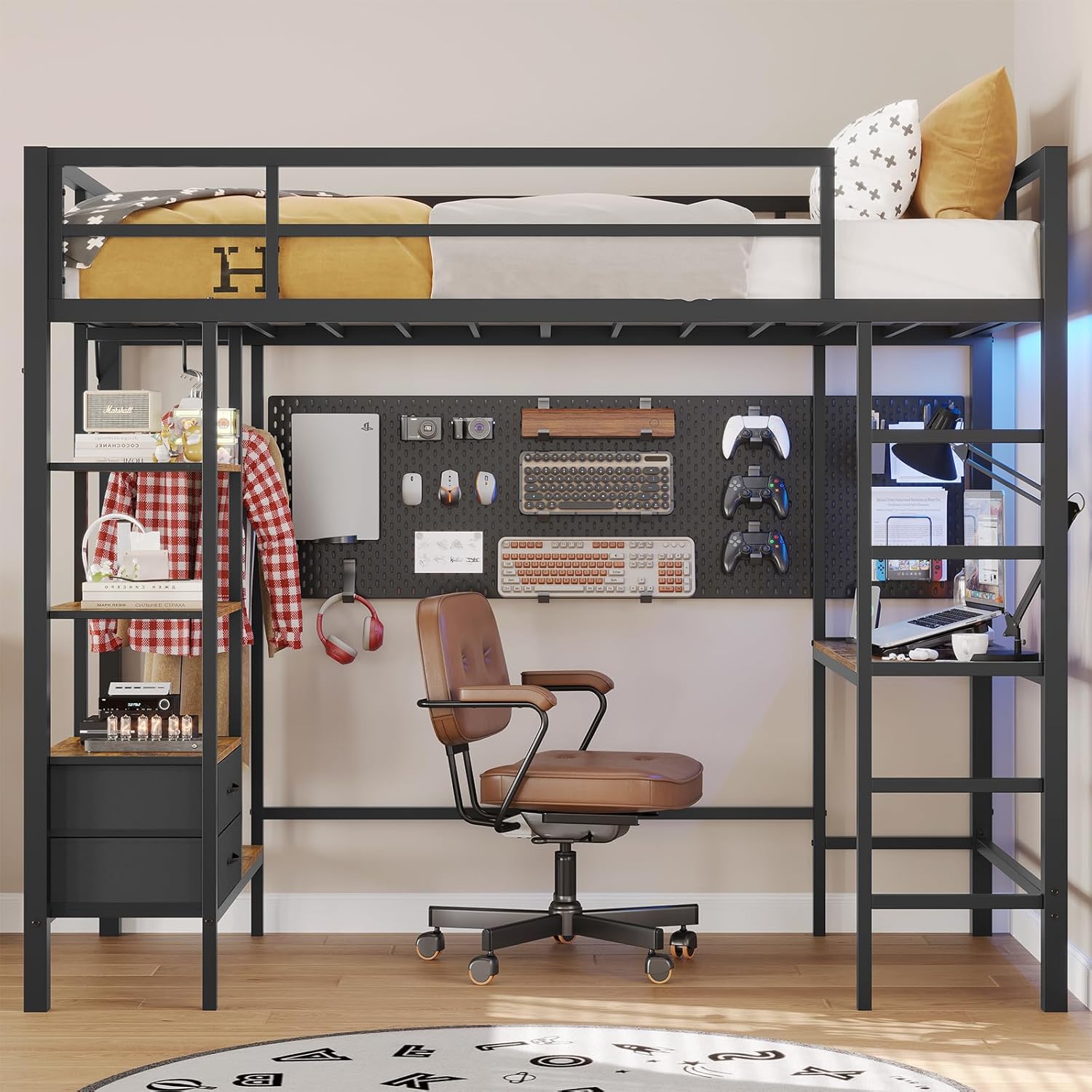 Mabor Twin Loft Bed with Desk&Charging Stations&Led Lights, LED Metal Loft Bed Frame with Storage Shelves&Drawers&Clothes Rail, Safety Guard & Ladder, Black
