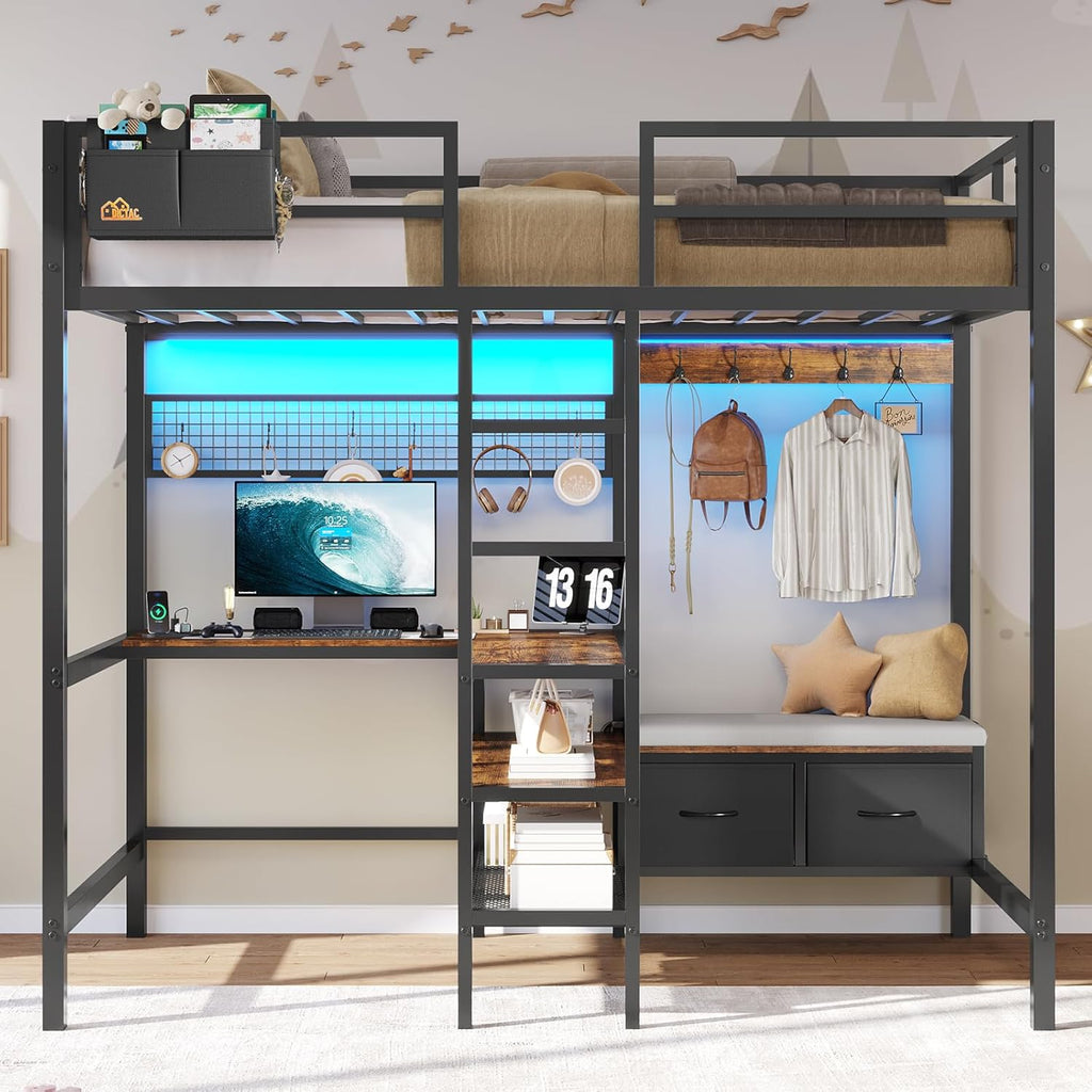 Twin Size Loft Bed with L-Shaped Desk&LED Lights&Charging Station, Twin Metal Loft Bed with Storage Shelves&Drawers,Top Bunk with Safety Guard & Stair, Black