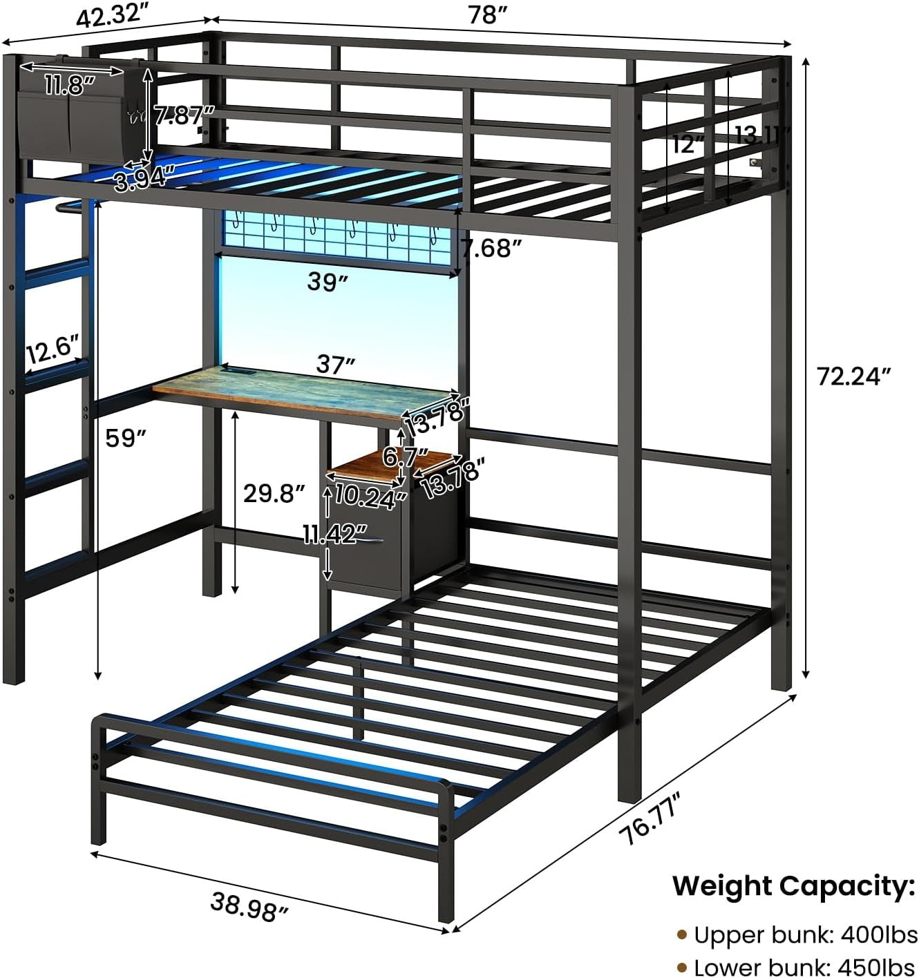 Mabor Metal Bunk Bed with Desk Twin Over Twin Size Bunk Bed with Charging Station and LED Lights, Twin Size Loft Bed Frame with Storage Shelves and Drawers for Bedroom, No Box Spring Needed, Black
