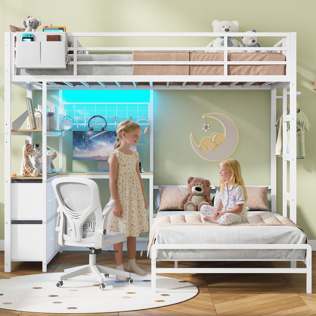 L-Shaped Bunk Bed Twin XL Over Twin Size Metal Bunk Bed with Charging Station and LED Lights and Drawers&Shelves for Bedroom, White