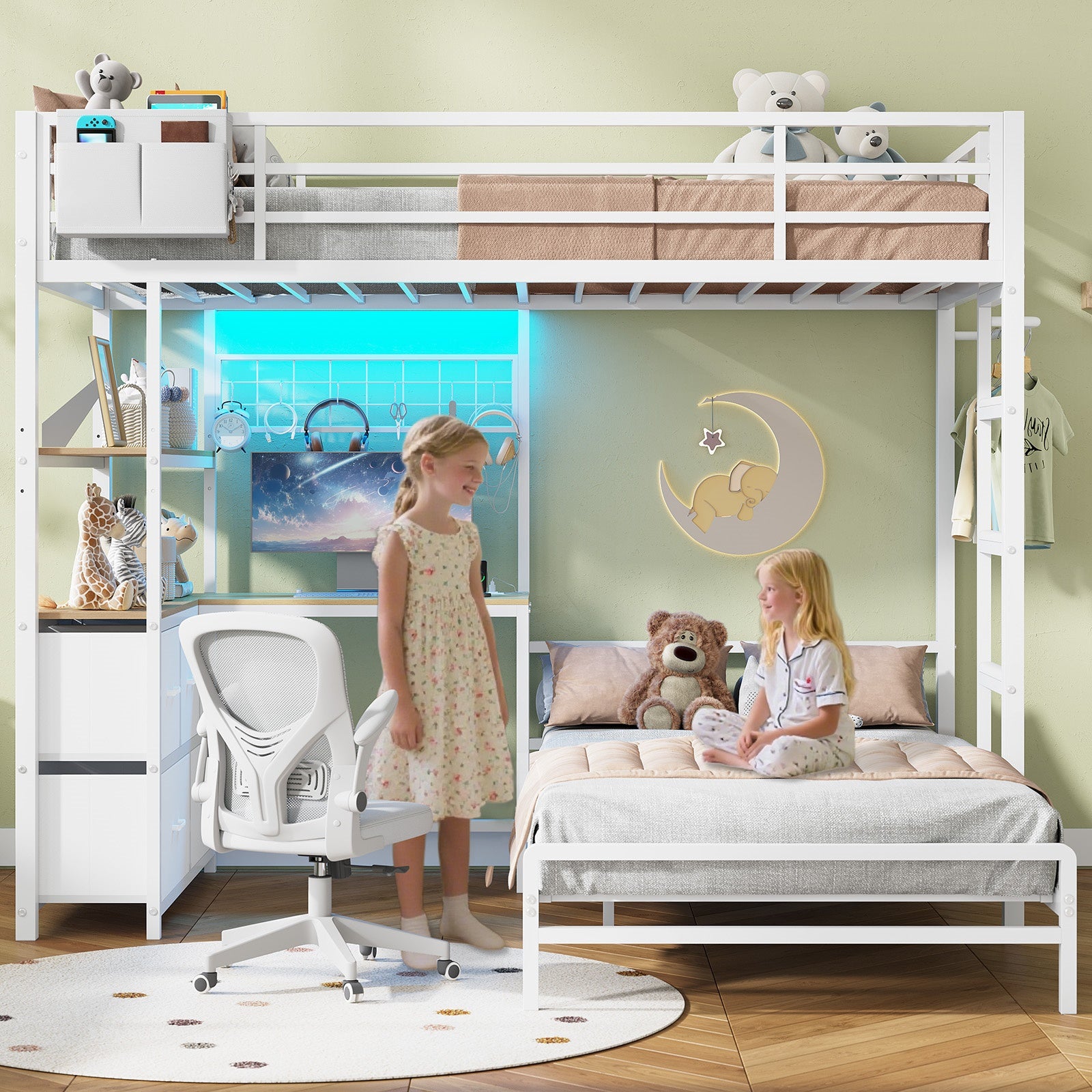 L-Shaped Bunk Bed Twin XL Over Twin Size Metal Bunk Bed with Charging Station and LED Lights and Drawers&Shelves for Bedroom, White