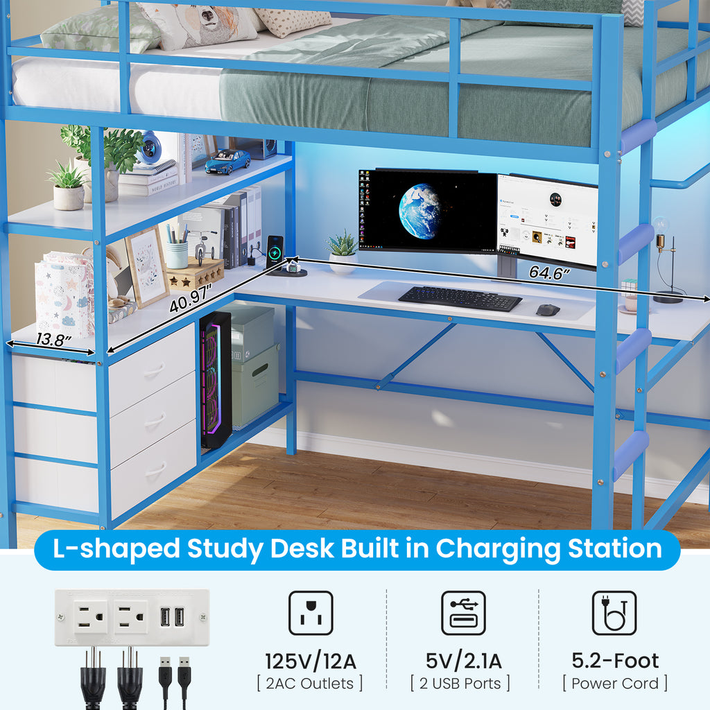 Twin Size Metal Loft Bed Frame with L-Shaped Desk&LED Lights&Charging Station, Black LED Loft Bed with 3 Storage Shelves&Drawers, No Box Spring Needed