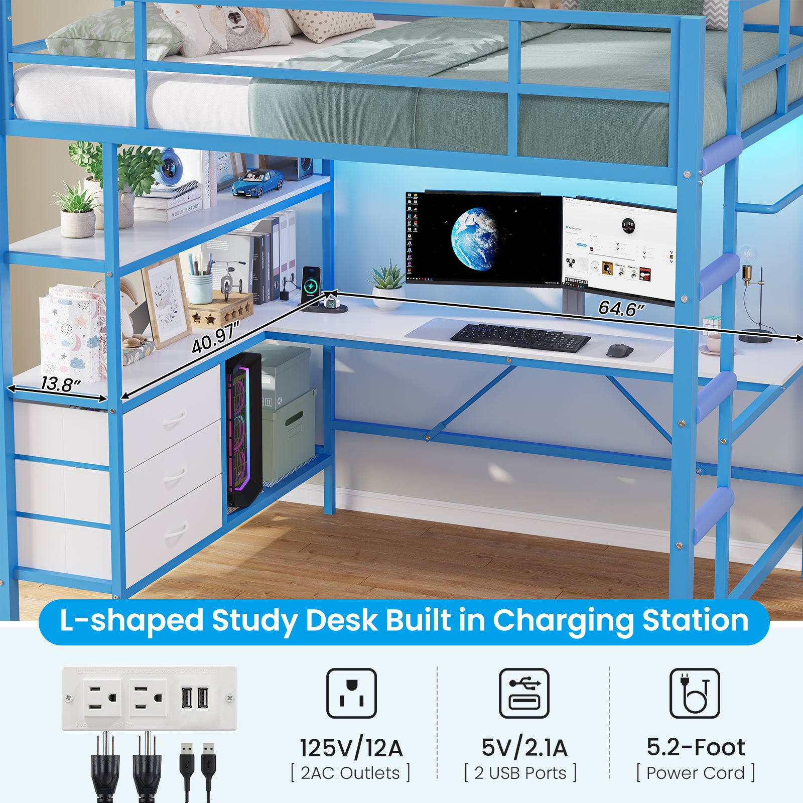 Twin Size Metal Loft Bed Frame with L-Shaped Desk&LED Lights&Charging Station, Black LED Loft Bed with 3 Storage Shelves&Drawers, No Box Spring Needed