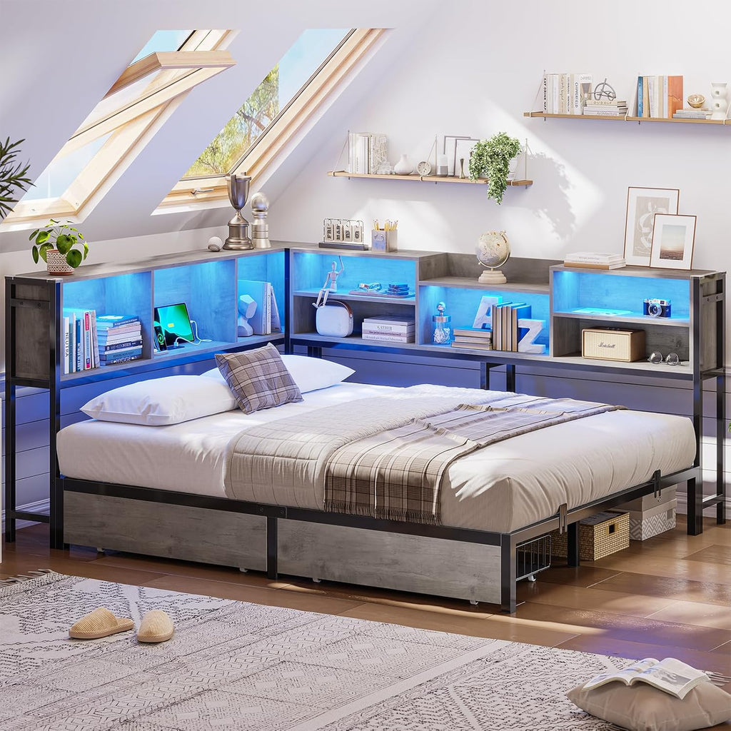 Mabor Metal Daybed Corner Bed Frame with 2 Drawers & Charging Station & Led Light &Bookcase Storage, Twin/Twin XL/Full Size