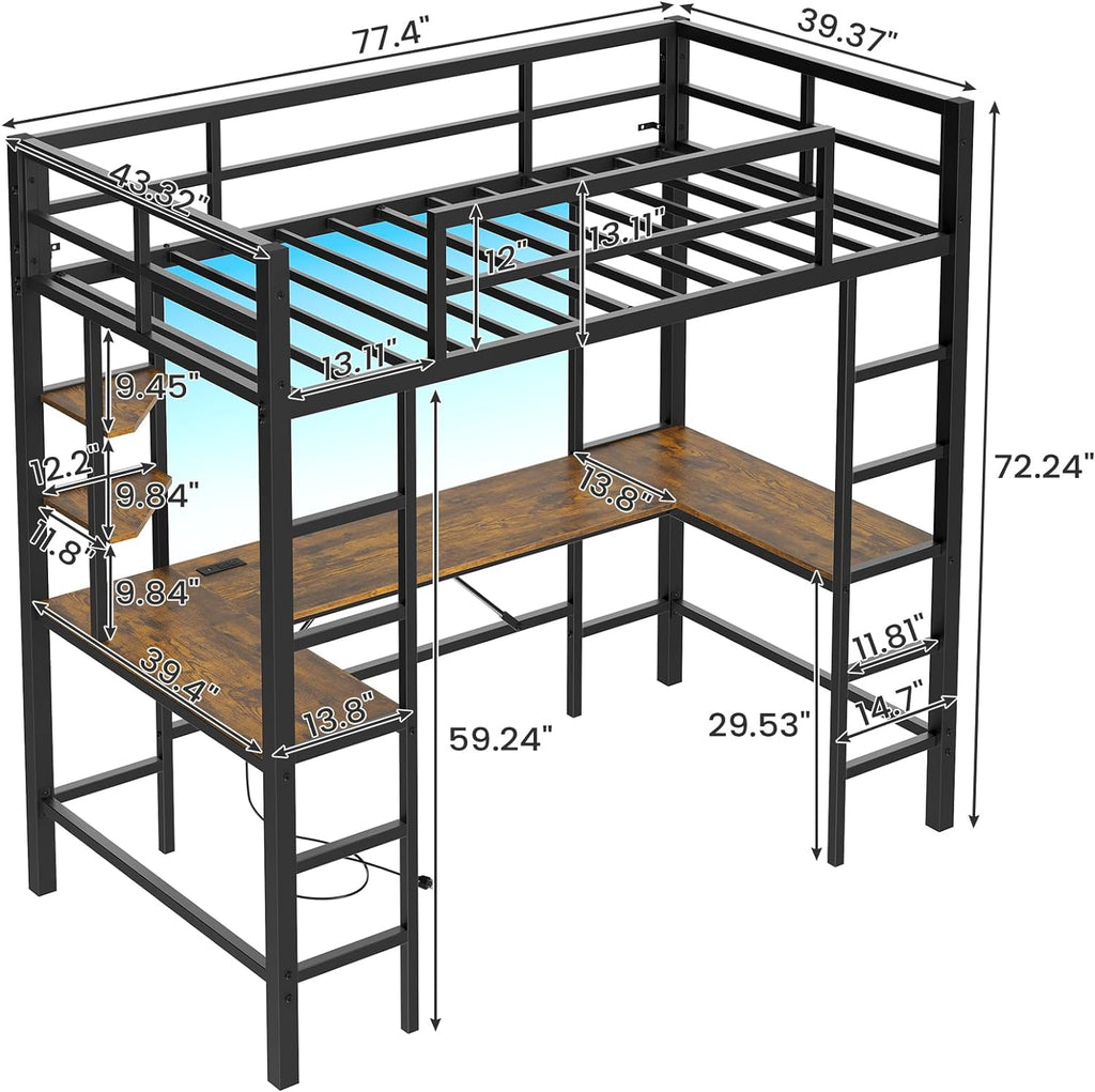 Twin Size Metal Loft Bed Frame with U shaped Desk&Charging Station&LED Lights, Twin Loft Bed Frame with Storage Shelves, Safety Guard & Ladder, Black