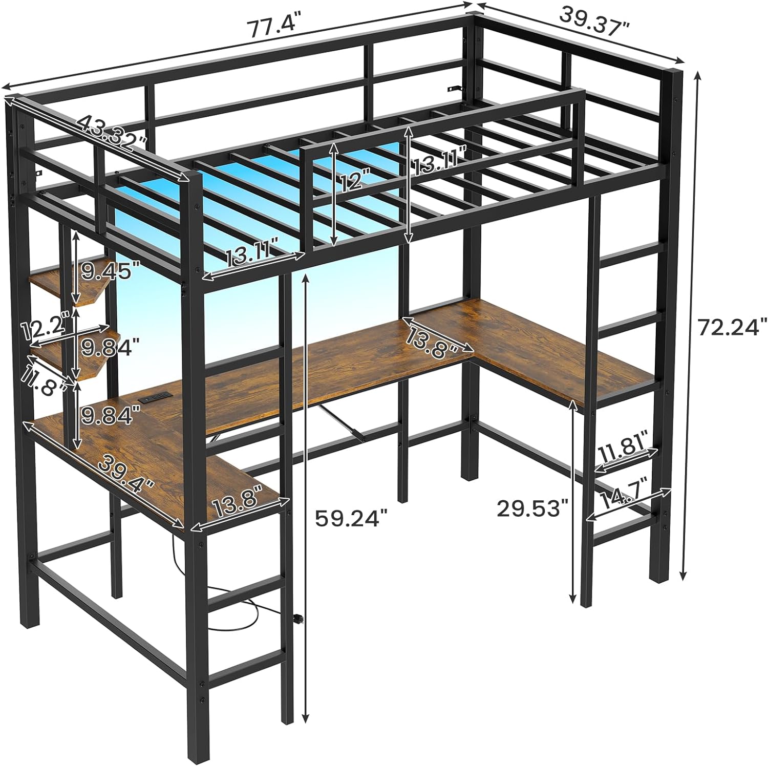 Twin Size Metal Loft Bed Frame with U shaped Desk&Charging Station&LED Lights, Twin Loft Bed Frame with Storage Shelves, Safety Guard & Ladder, Black