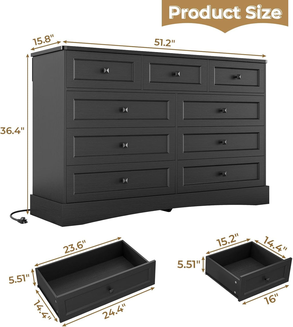 Mabor 9 Drawers Dresser with Charging Station for Bedroom, Chest of Drawers with 9 Drawers, Black/White