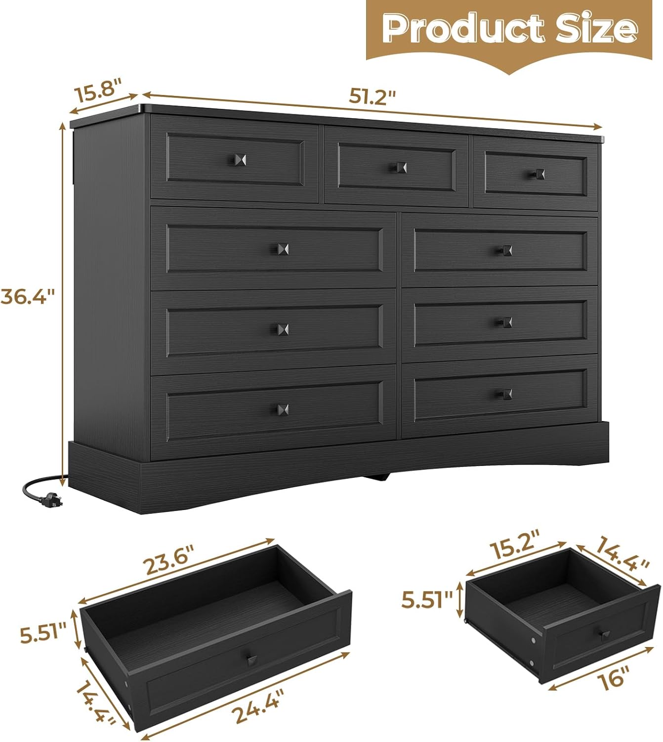 Mabor 9 Drawers Dresser with Charging Station for Bedroom, Chest of Drawers with 9 Drawers, Black/White