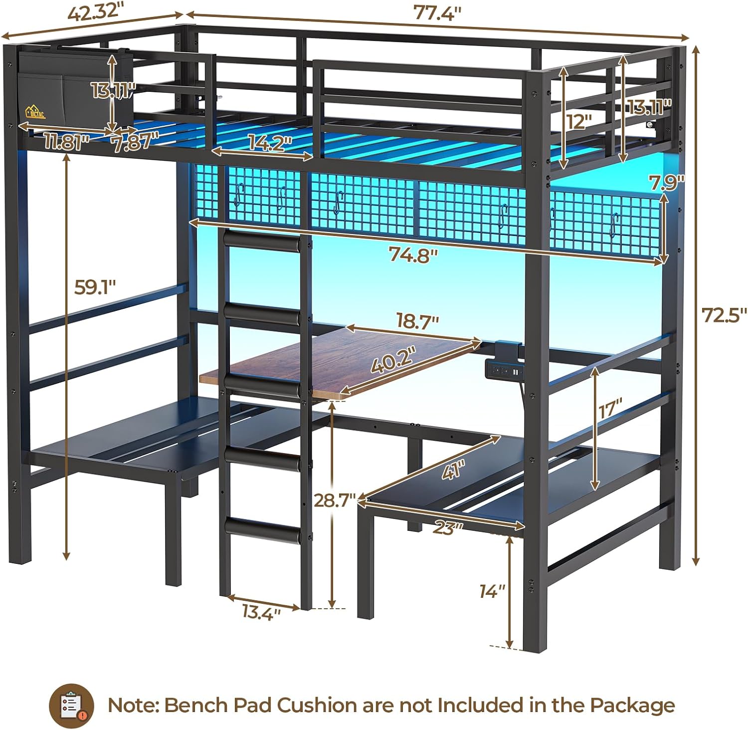Twin Over Twin Metal Bunk Bed with Desk, Twin Size Loft Bed with Led Lights and Charging Station, Safety Guard and Stair, Convertible Metal Bunk Bed