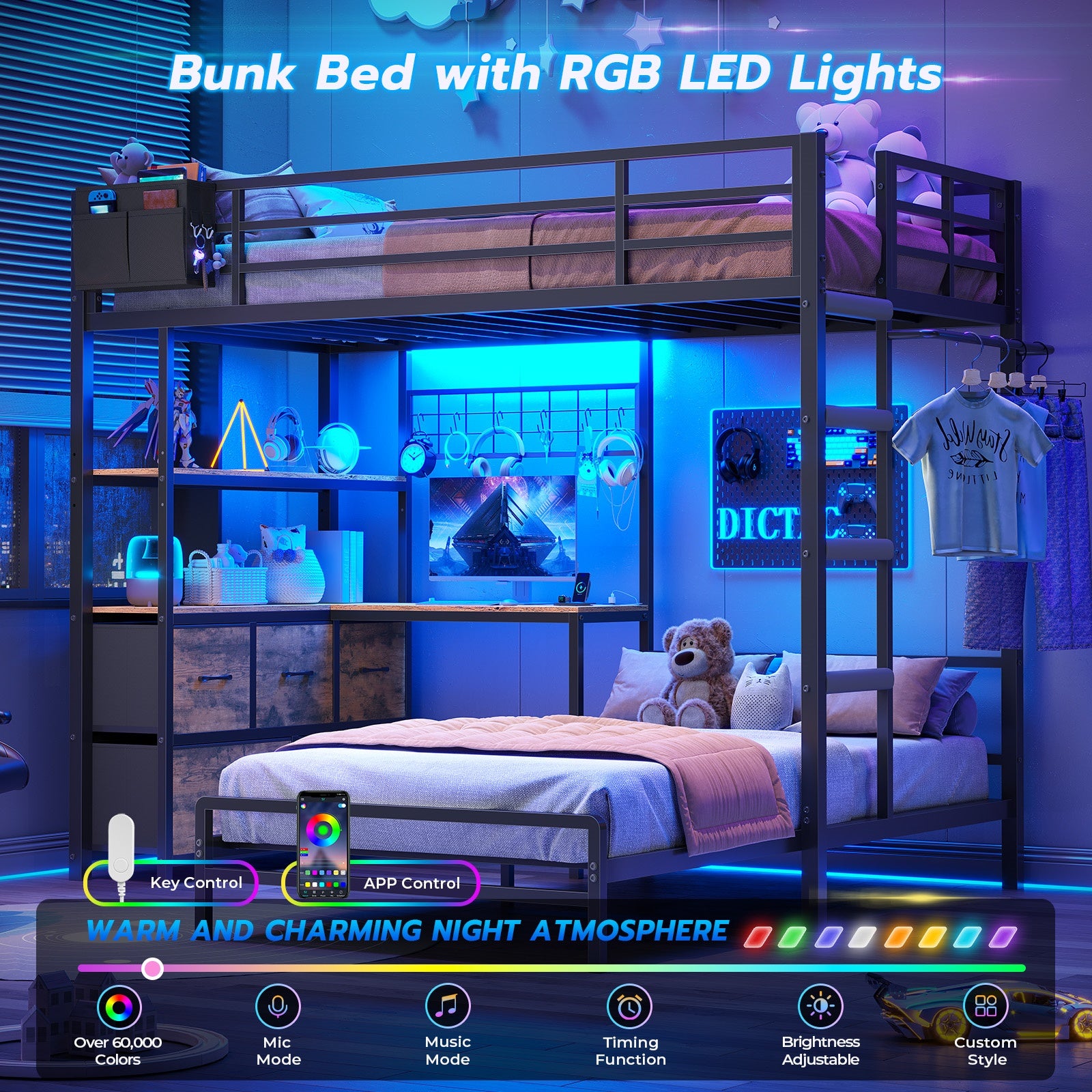 L-Shaped Bunk Bed Twin XL Over Twin Size Metal Bunk Bed with Charging Station and LED Lights and Drawers&Shelves for Bedroom, White