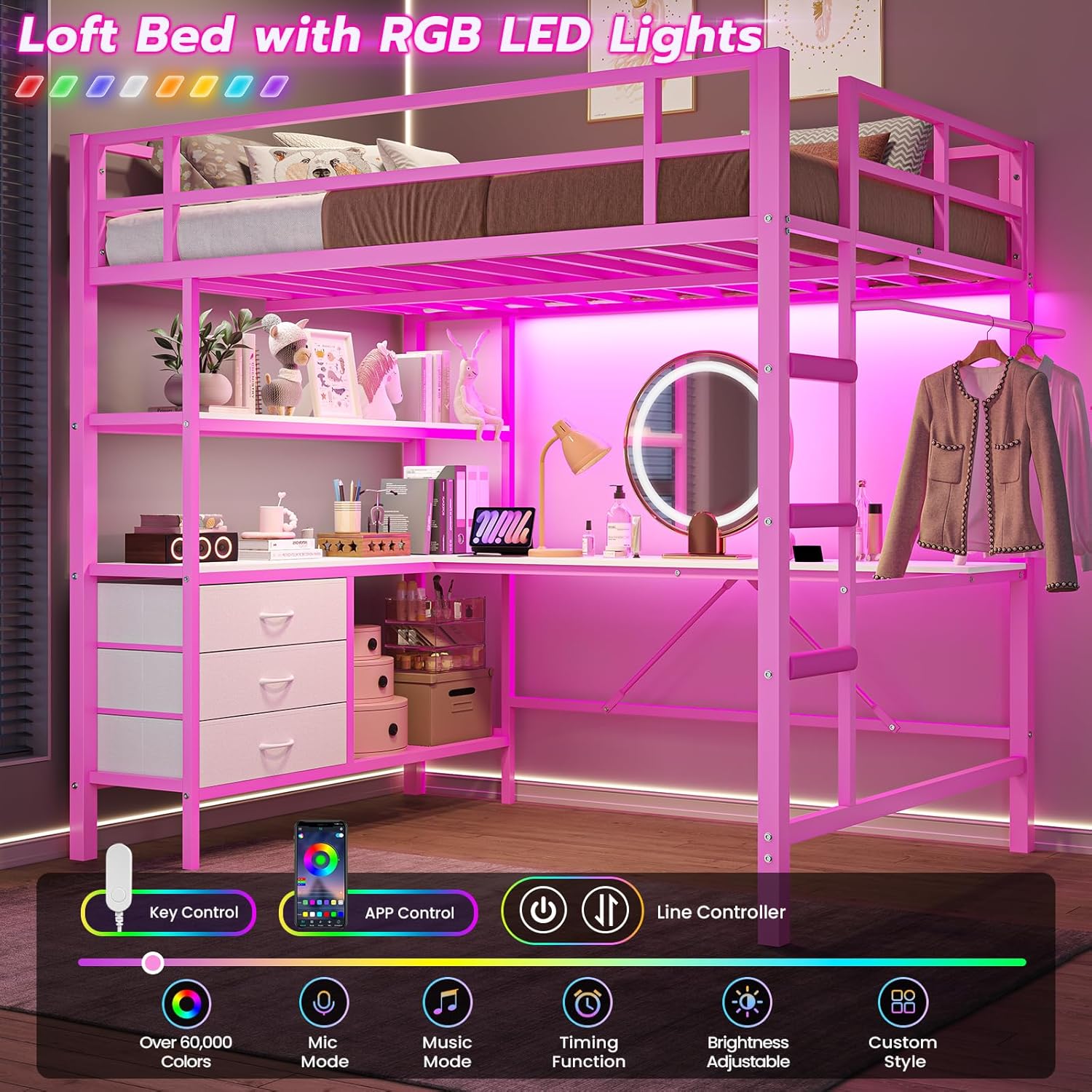 Full Size Loft Bed Frame with Desk&LED Lights&Charging Station&3 Storage Drawers, Black/White/Pink