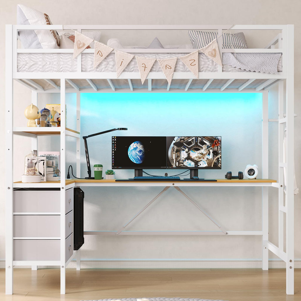 Twin Size Metal Loft Bed Frame with L-Shaped Desk&LED Lights&Charging Station, Black LED Loft Bed with 3 Storage Shelves&Drawers, No Box Spring Needed