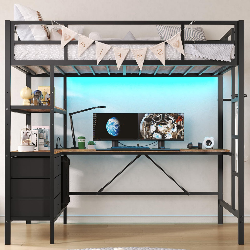 Twin Size Metal Loft Bed Frame with L-Shaped Desk&LED Lights&Charging Station, Black LED Loft Bed with 3 Storage Shelves&Drawers, No Box Spring Needed