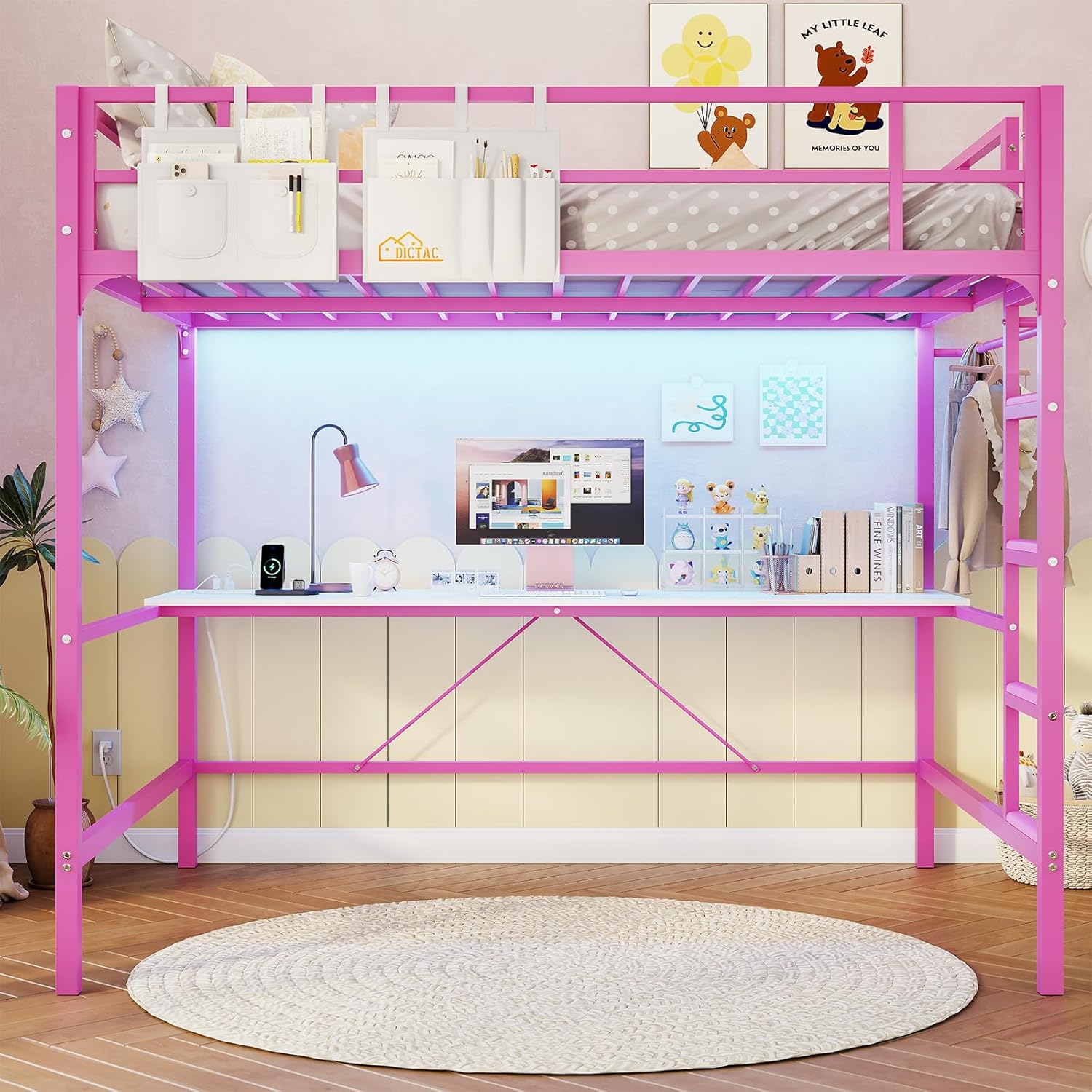 Loft Bed Frame Full Size Heavy Duty Metal Loft Bed with Desk&Charging Station&Led Lights&Clothes Rail, Safety Guard & Ladder, No Noise, Black