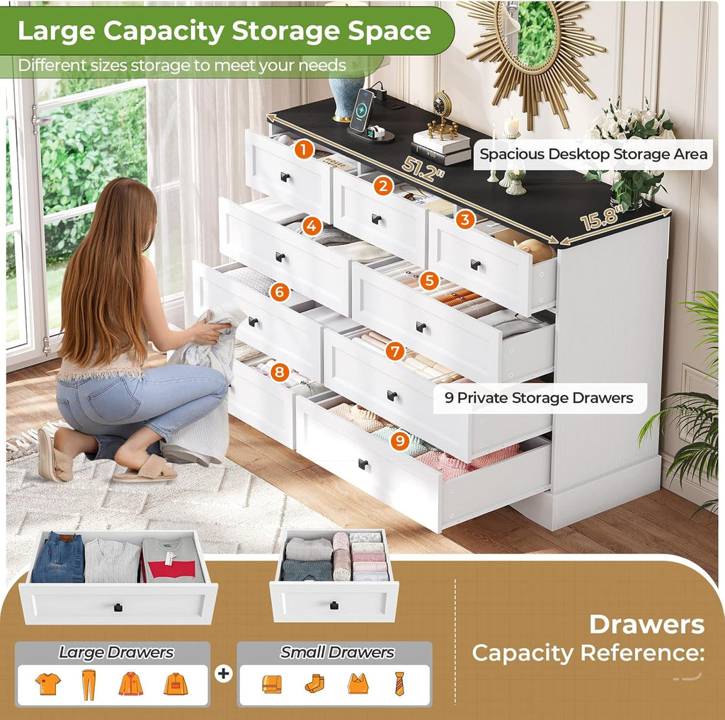 Mabor 9 Drawers Dresser with Charging Station for Bedroom, Chest of Drawers with 9 Drawers, Black/White