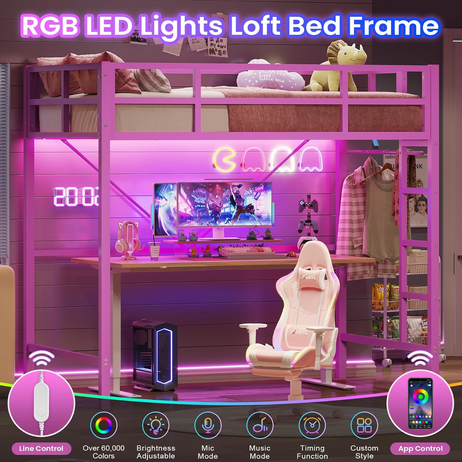 Twin Size Loft Bed Frame with Led Lights, Metal Loft Bed Frame with Full-Length Guardrail and Ladder, No Box Spring Needed, White