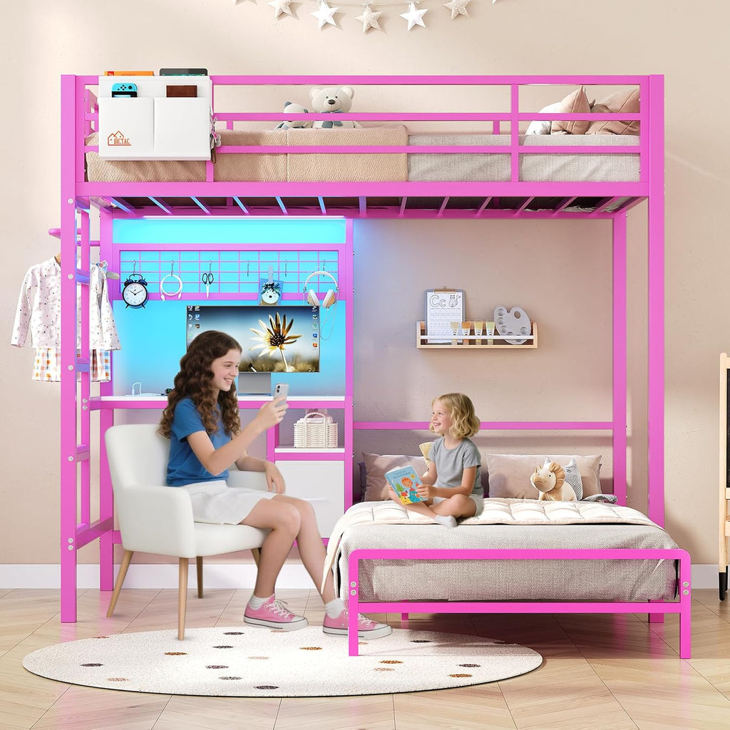 Mabor Metal Bunk Bed with Desk Twin Over Twin Size Bunk Bed with Charging Station and LED Lights, Twin Size Loft Bed Frame with Storage Shelves and Drawers for Bedroom, No Box Spring Needed, Black