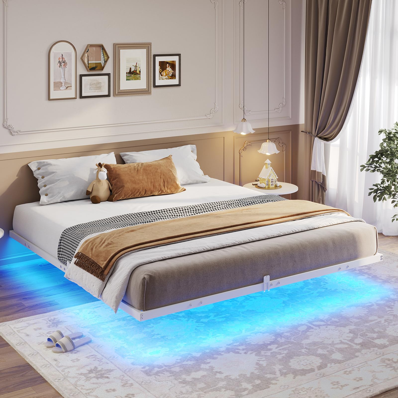 Mabor Metal Floating Bed Frame with LED Lights for Bedroom,No Box Spring Needed,Black/White