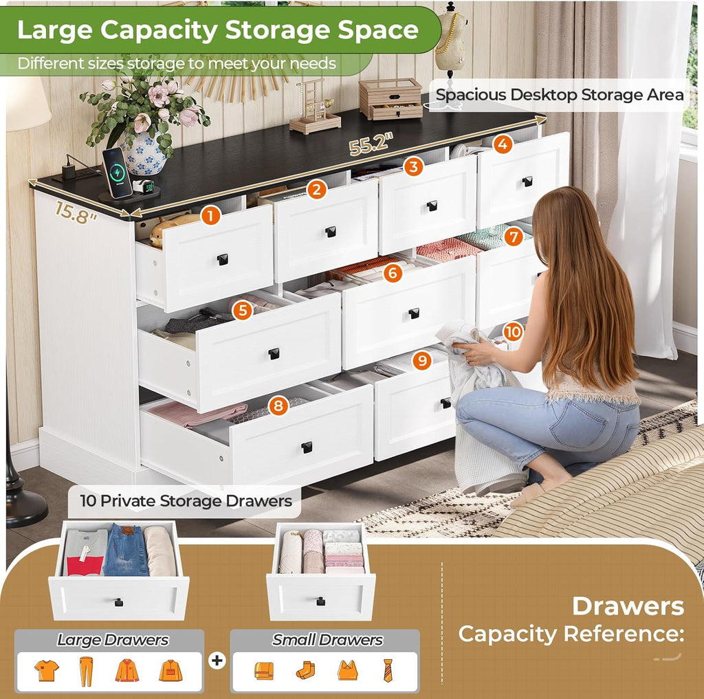 Mabor 10 Drawers Dresser with Charging Station for Bedroom, Farmhouse Chest of Drawers, Black/White