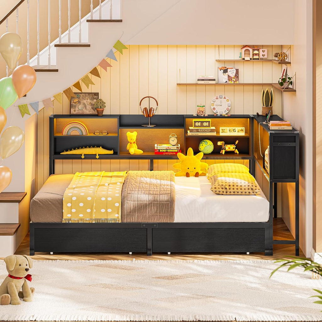 Mabor Metal Daybed Corner Bed Frame with 2 Drawers & Charging Station & Led Light &Bookcase Storage, Twin/Twin XL/Full Size