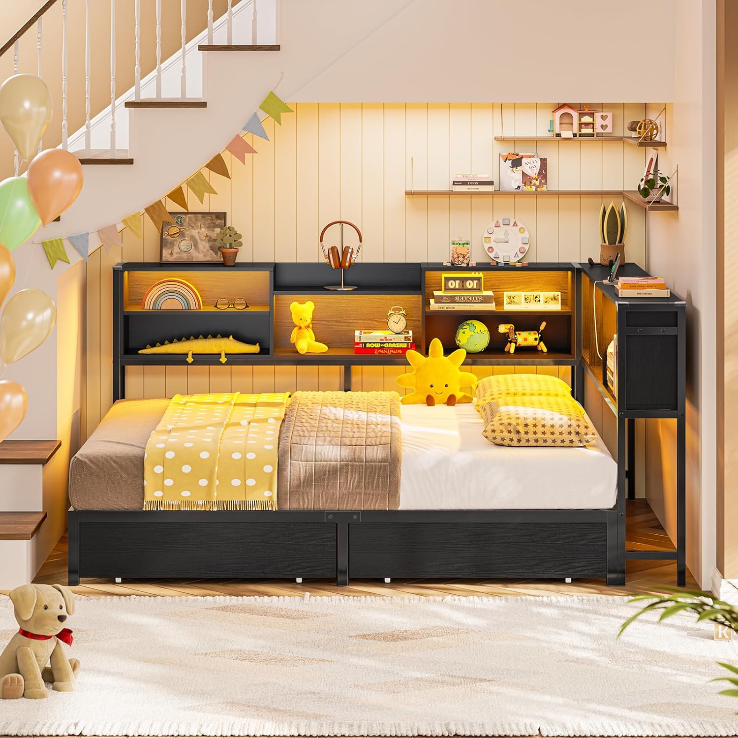Mabor Metal Daybed Corner Bed Frame with 2 Drawers & Charging Station & Led Light &Bookcase Storage, Twin/Twin XL/Full Size