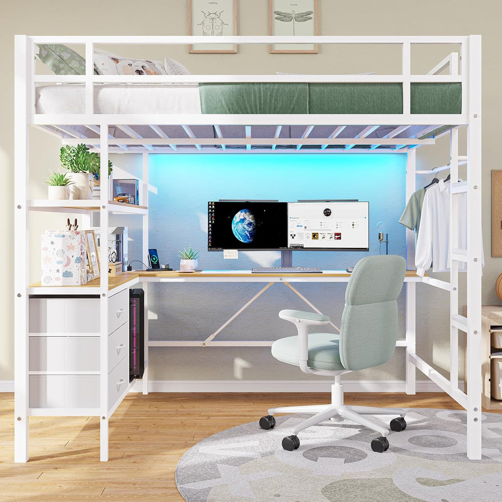 Full Size Loft Bed Frame with Desk&LED Lights&Charging Station&3 Storage Drawers, Black/White/Pink