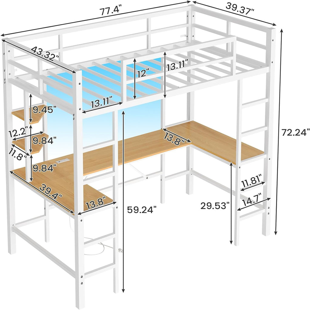 Twin Size Metal Loft Bed Frame with U shaped Desk&Charging Station&LED Lights, Twin Loft Bed Frame with Storage Shelves, Safety Guard & Ladder, Black