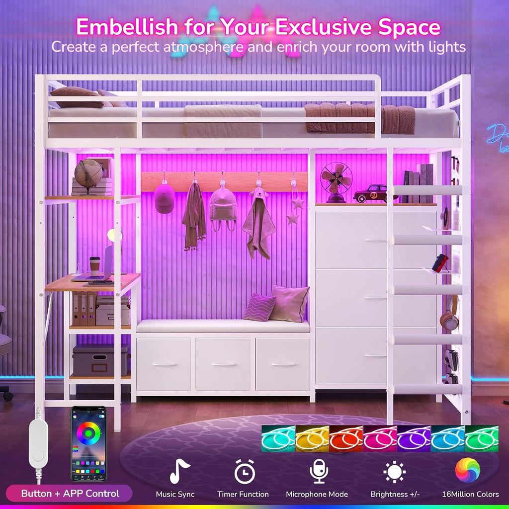 Mabor Twin Size Loft Bed with Desk and 6 Storage Drawers and LED Lights and Charging Station and Large Pegboard,Black/White