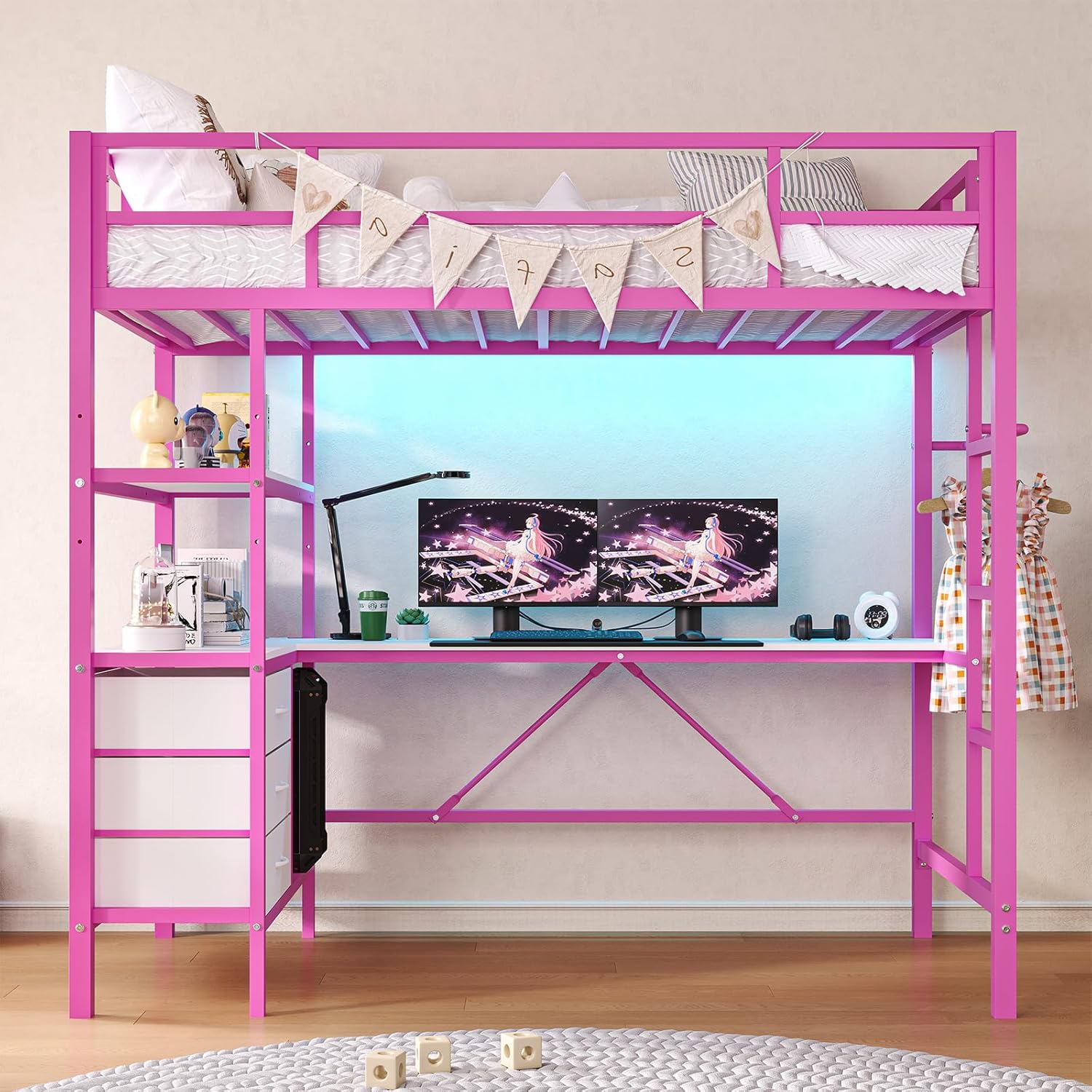 Twin Size Metal Loft Bed Frame with L-Shaped Desk&LED Lights&Charging Station, Black LED Loft Bed with 3 Storage Shelves&Drawers, No Box Spring Needed