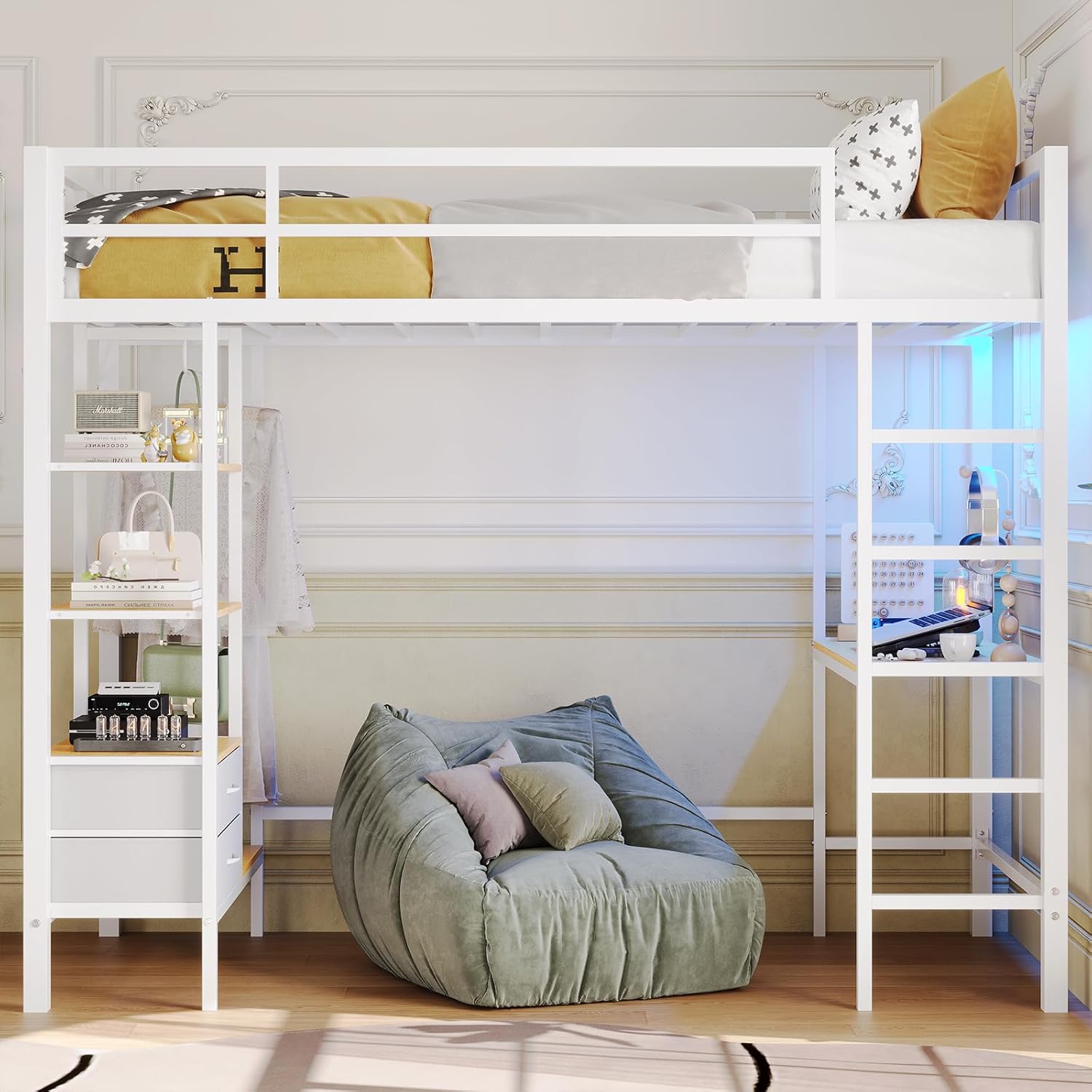 Mabor Twin Loft Bed with Desk&Charging Stations&Led Lights, LED Metal Loft Bed Frame with Storage Shelves&Drawers&Clothes Rail, Safety Guard & Ladder, Black