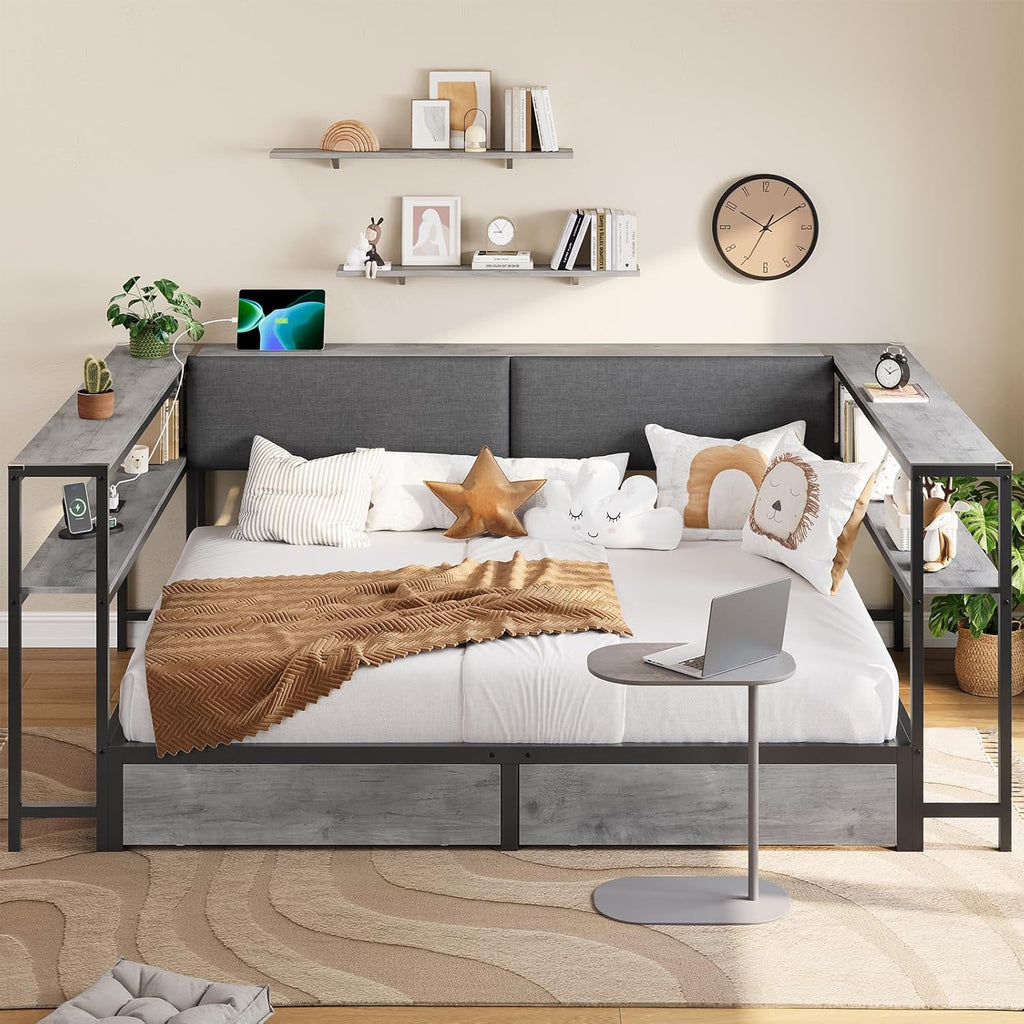 Mabor Corner Bed Frame Twin/Full Size Daybeds with 2 Drawers & Charging Station & Storage Shelves for Bedroom, Black/Gray