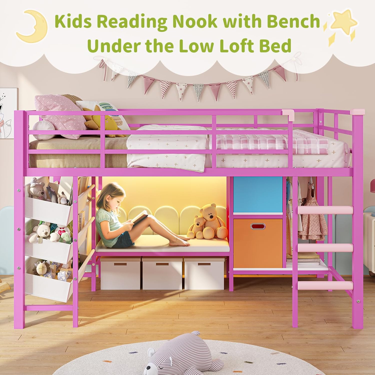 Mabor Twin Size Loft Bed with LED Lights & Reading Bench & Bookshelf & Storage Basket & Stairs for Bedroom, Black/White/Pink