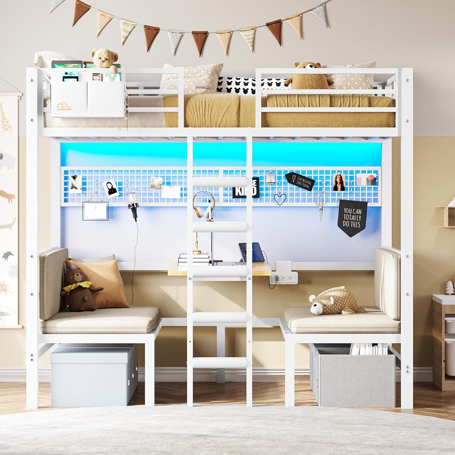 Twin Over Twin Metal Bunk Bed with Desk, Twin Size Loft Bed with Led Lights and Charging Station, Safety Guard and Stair, Convertible Metal Bunk Bed