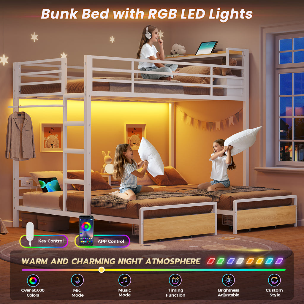 Mabor Triple Bunk Bed with LED Lights and Charging Station, Twin Over Twin Over Twin Loft Bed Frame with 3 Storage Drawers&Study Desk&Guardrails and Ladder, Black/White