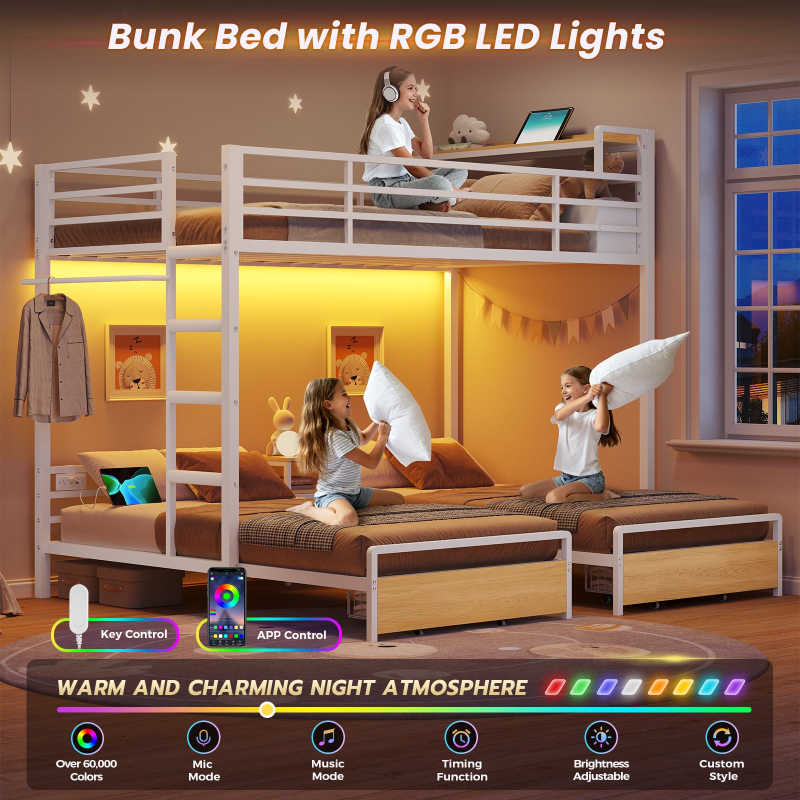 Mabor Triple Bunk Bed with LED Lights and Charging Station, Twin Over Twin Over Twin Loft Bed Frame with 3 Storage Drawers&Study Desk&Guardrails and Ladder, Black/White