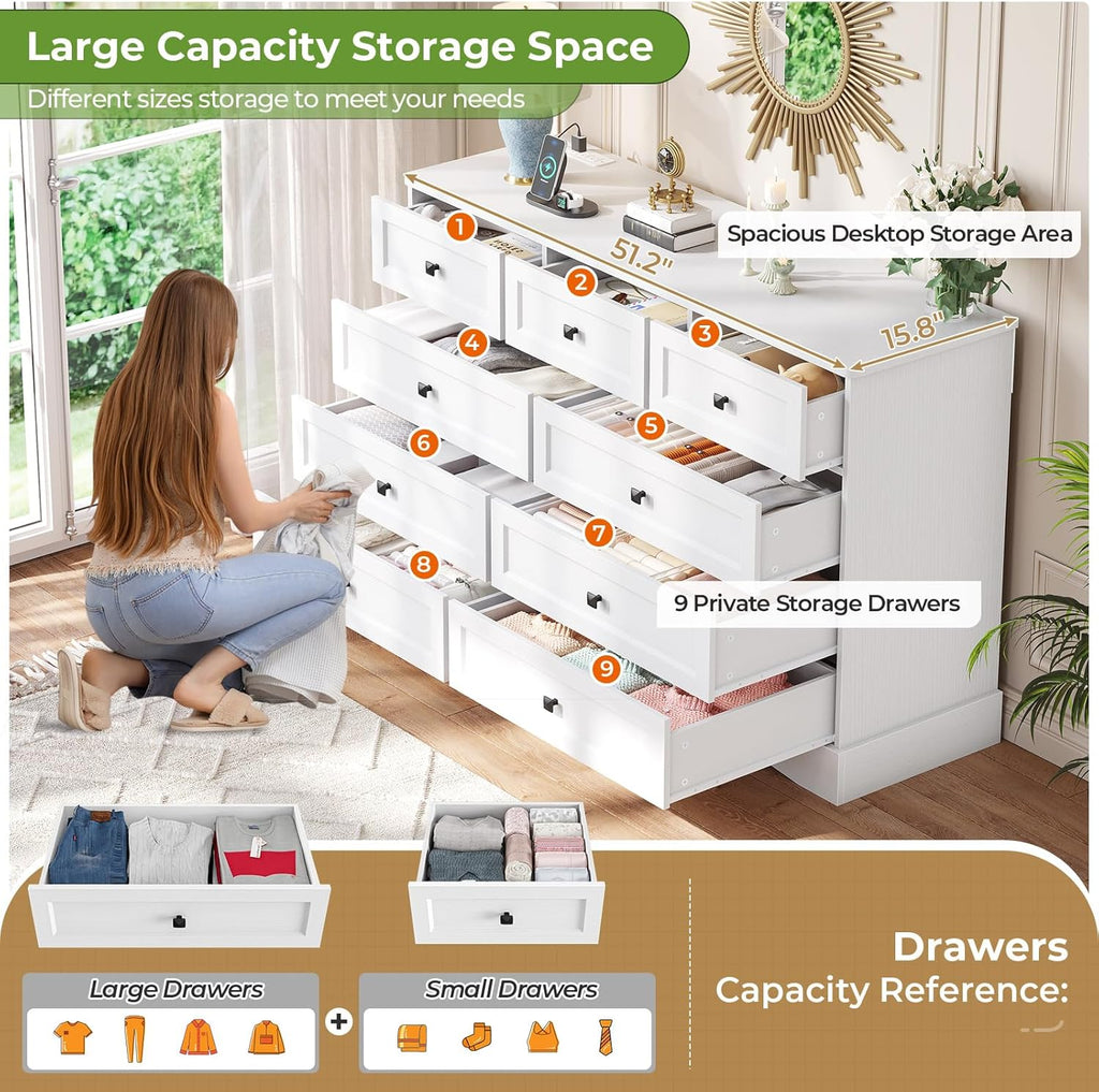 Mabor 9 Drawers Dresser with Charging Station for Bedroom, Chest of Drawers with 9 Drawers, Black/White