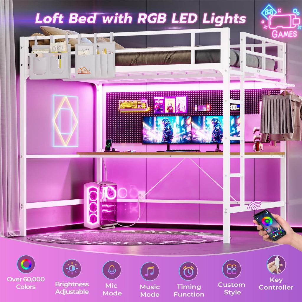 Loft Bed Frame Full Size Heavy Duty Metal Loft Bed with Desk&Charging Station&Led Lights&Clothes Rail, Safety Guard & Ladder, No Noise, Black