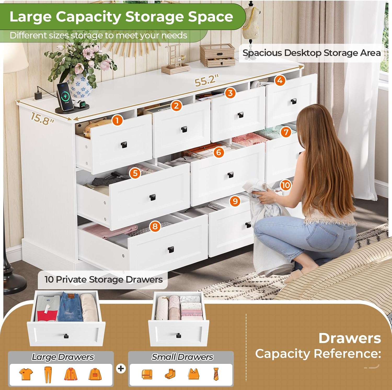 Mabor 10 Drawers Dresser with Charging Station for Bedroom, Farmhouse Chest of Drawers, Black/White
