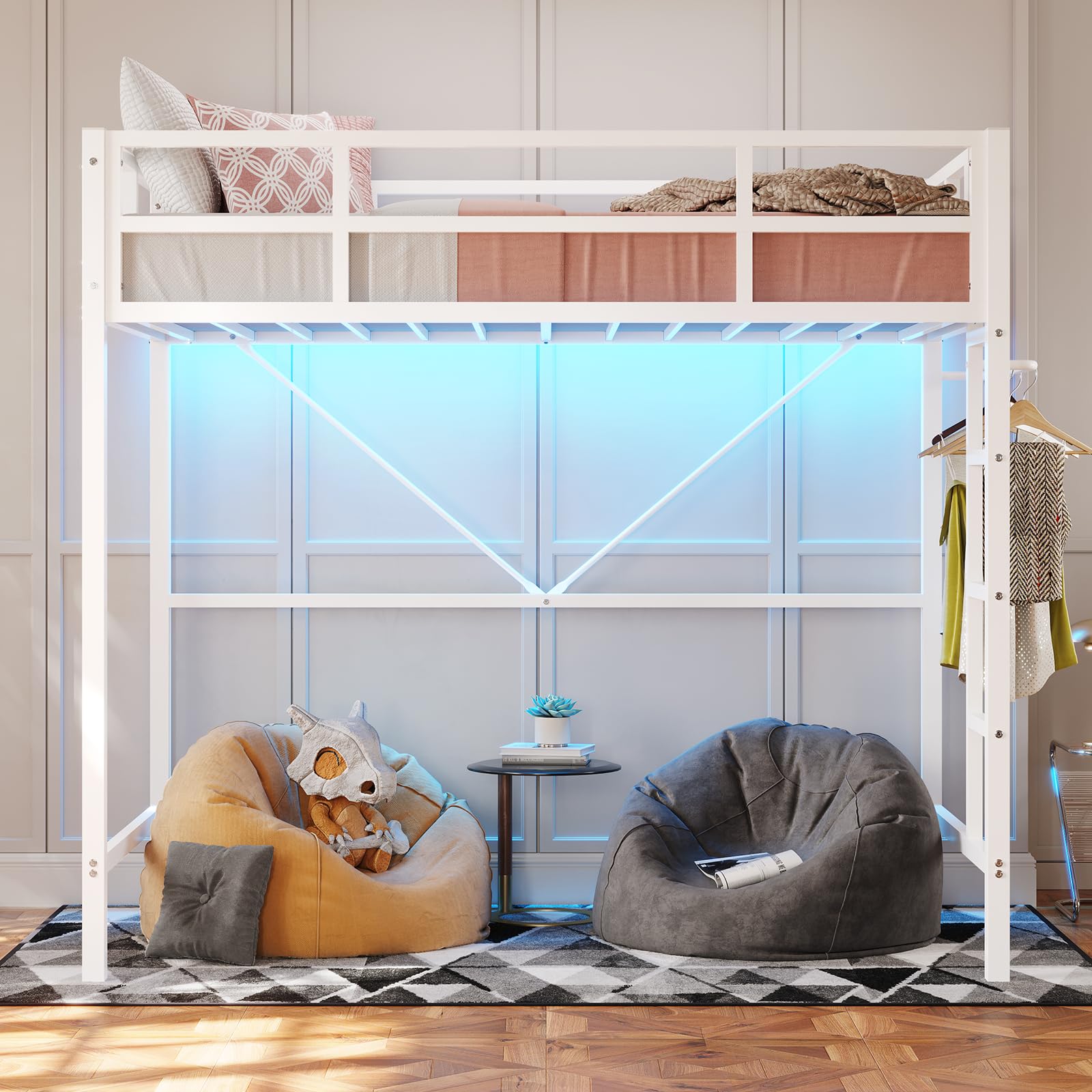 Twin Size Loft Bed Frame with Led Lights, Metal Loft Bed Frame with Full-Length Guardrail and Ladder, No Box Spring Needed, White