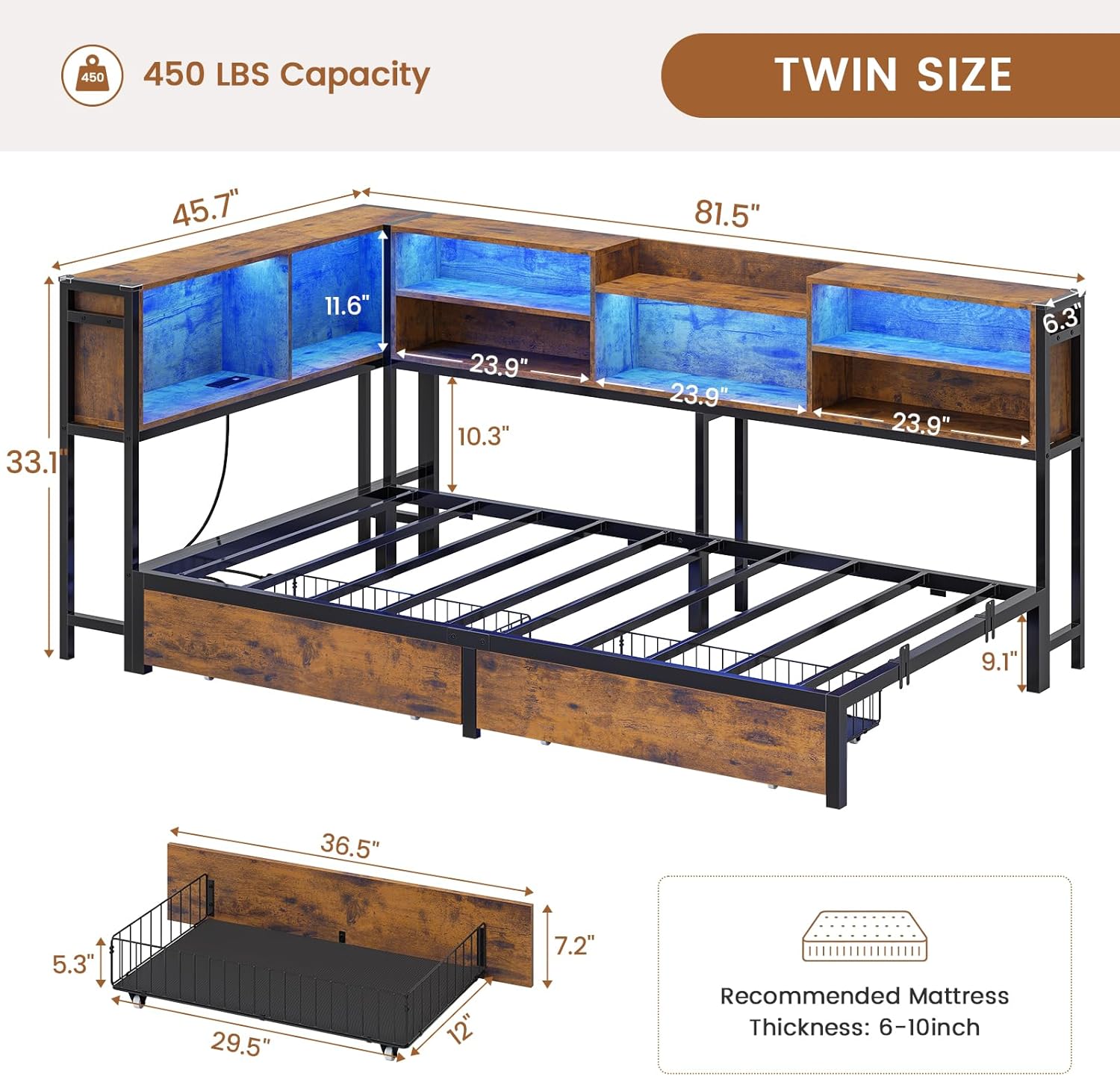 Mabor Metal Daybed Corner Bed Frame with 2 Drawers & Charging Station & Led Light &Bookcase Storage, Twin/Twin XL/Full Size
