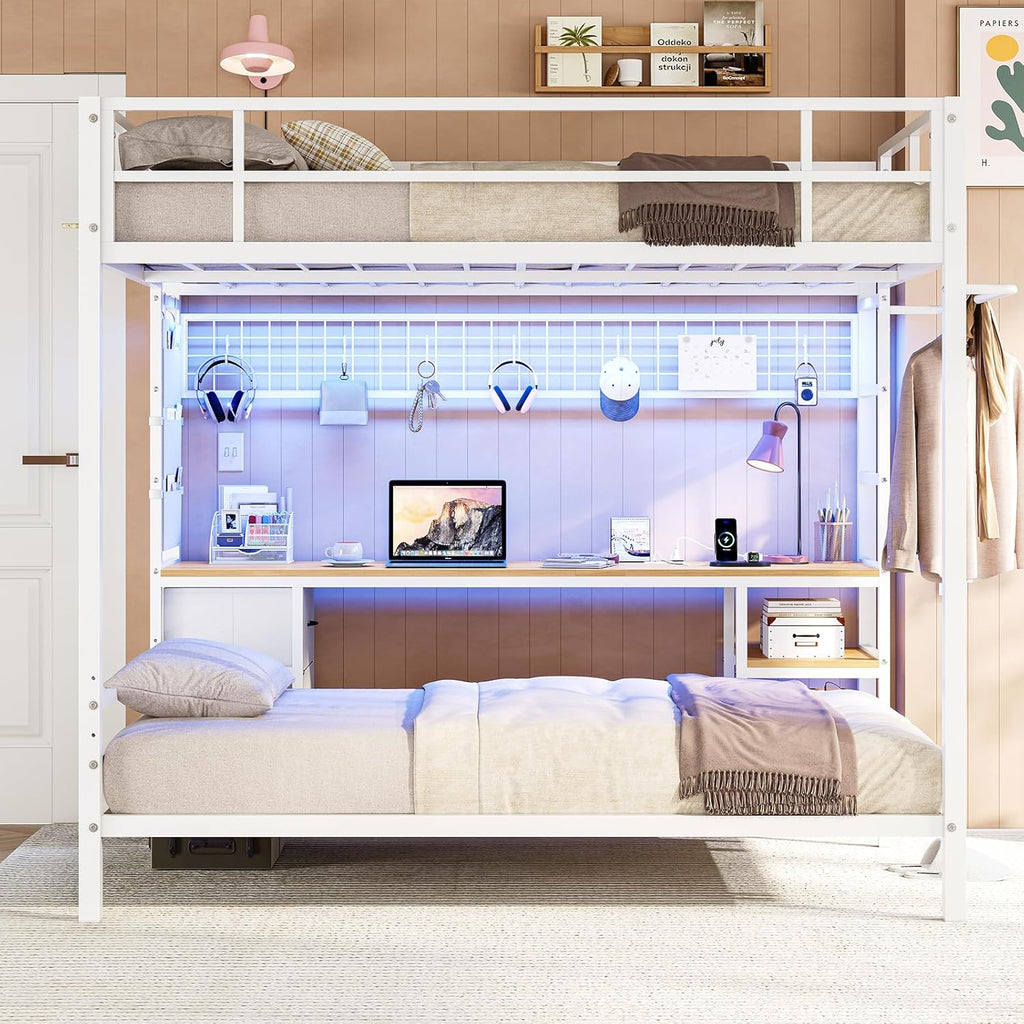 Full Over Twin Size Bunk Bed with Desk&Charging Station&LED Lights&Drawers&Storage Shelves, Full Over Twin Metal Loft Bed for Adults, No Box Spring Needed, White