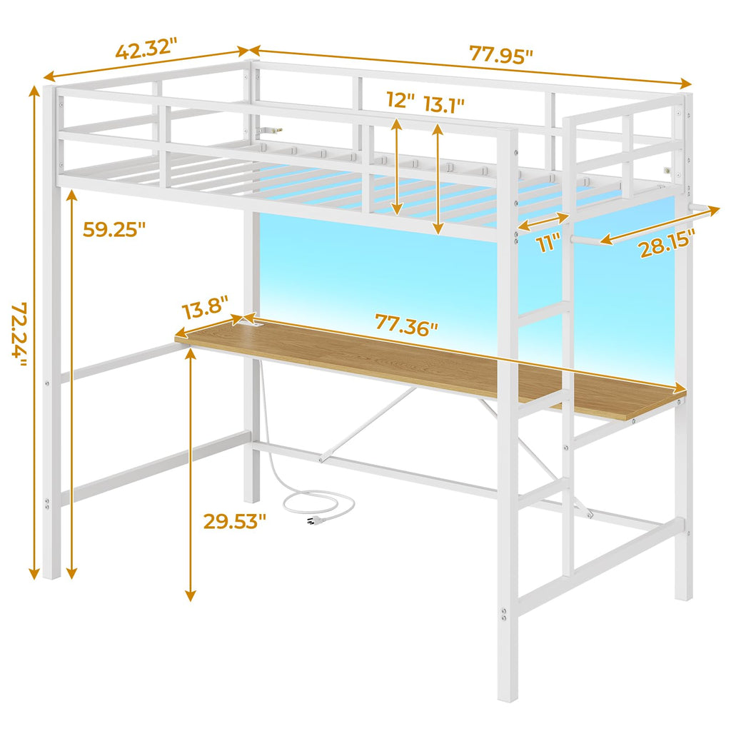 Twin Size Loft Bed Frame with Desk&Charging Station&Led Lights&Clothes Rail, Black/White