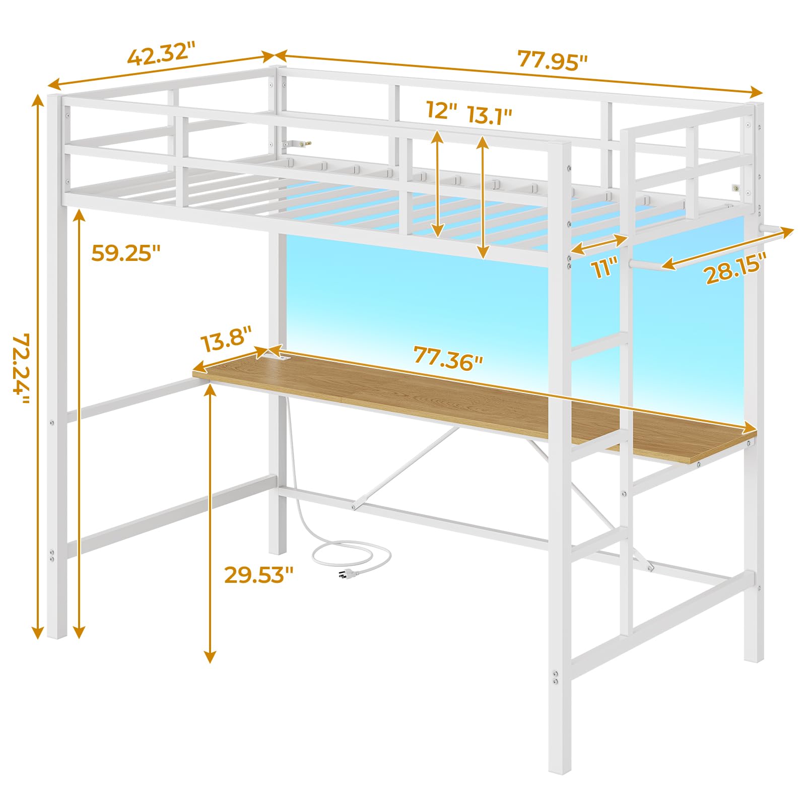 Twin Size Loft Bed Frame with Desk&Charging Station&Led Lights&Clothes Rail, Black/White