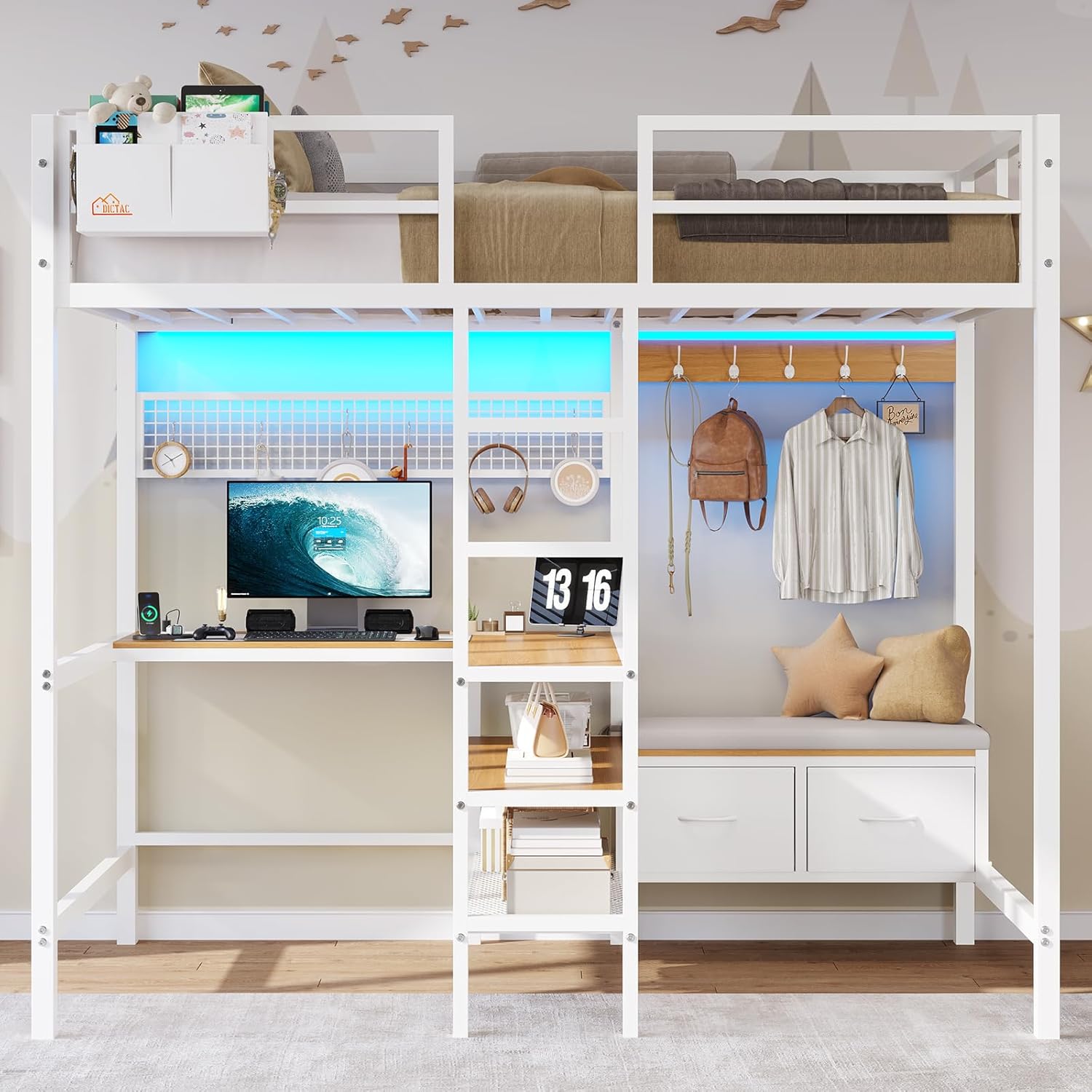 Twin Size Loft Bed with L-Shaped Desk&LED Lights&Charging Station, Twin Metal Loft Bed with Storage Shelves&Drawers,Top Bunk with Safety Guard & Stair, Black