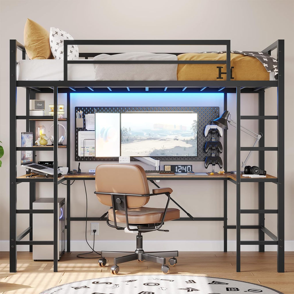 Twin Size Metal Loft Bed Frame with U shaped Desk&Charging Station&LED Lights, Twin Loft Bed Frame with Storage Shelves, Safety Guard & Ladder, Black