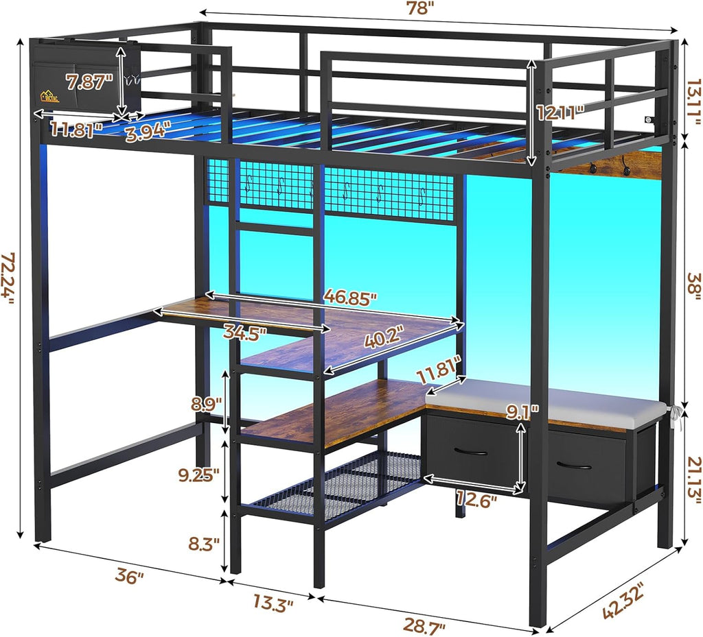 Twin Size Loft Bed with L-Shaped Desk&LED Lights&Charging Station, Twin Metal Loft Bed with Storage Shelves&Drawers,Top Bunk with Safety Guard & Stair, Black