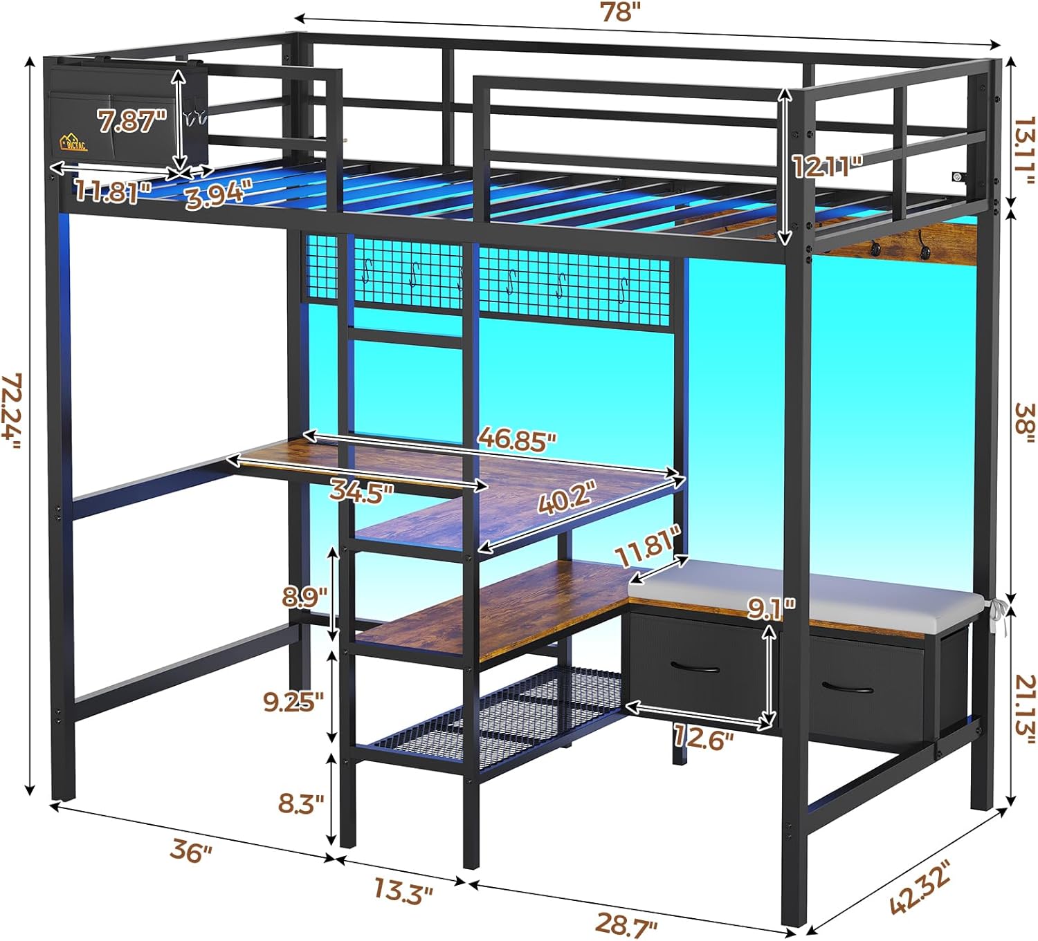 Twin Size Loft Bed with L-Shaped Desk&LED Lights&Charging Station, Twin Metal Loft Bed with Storage Shelves&Drawers,Top Bunk with Safety Guard & Stair, Black