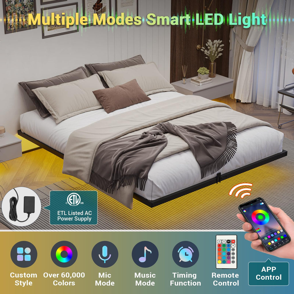 Mabor Metal Floating Bed Frame with LED Lights for Bedroom,No Box Spring Needed,Black/White