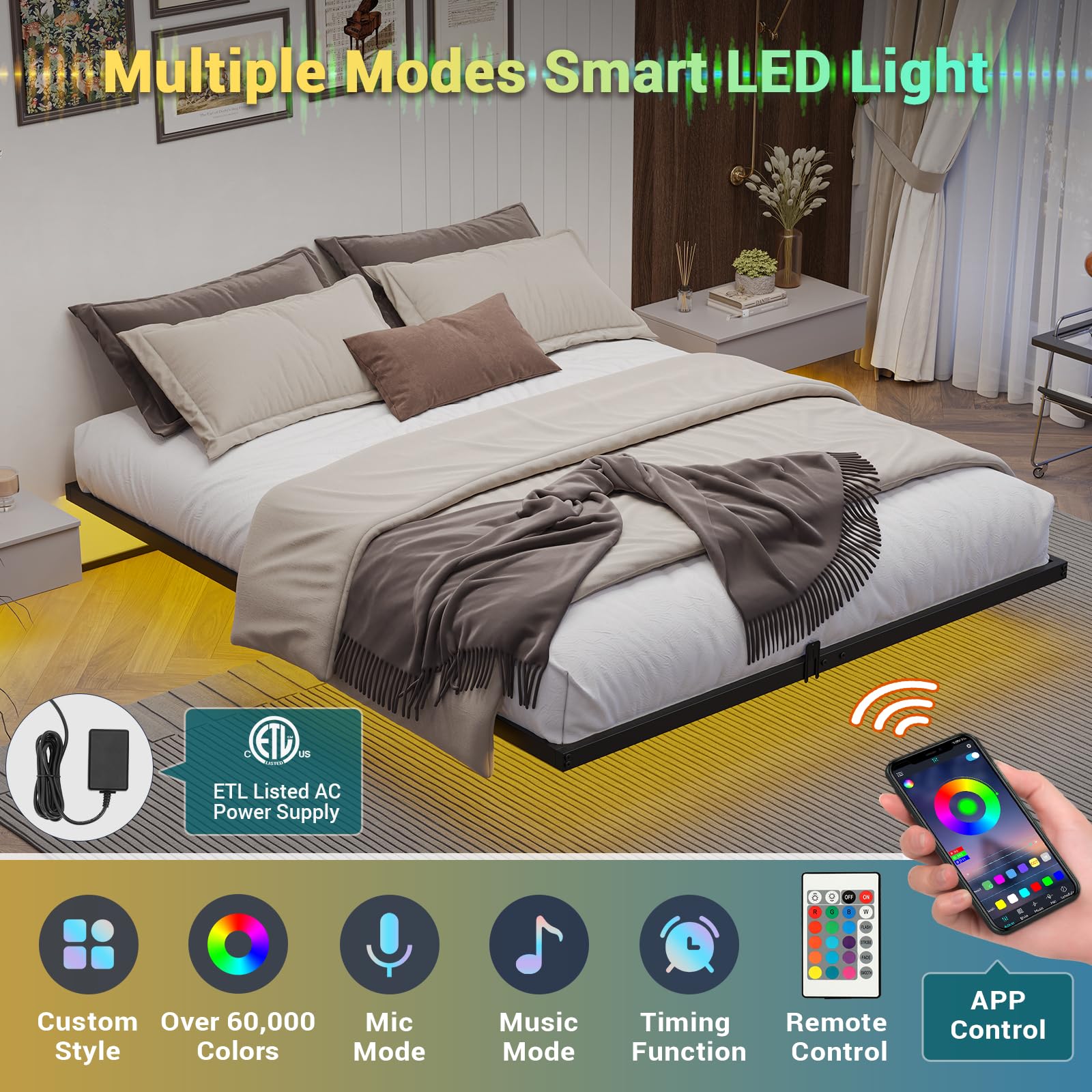 Mabor Metal Floating Bed Frame with LED Lights for Bedroom,No Box Spring Needed,Black/White