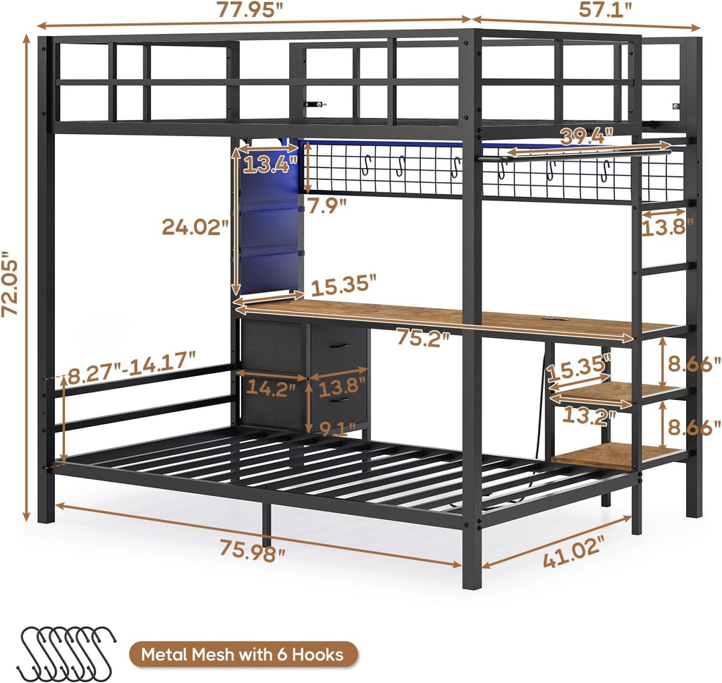 Full Over Twin Size Bunk Bed with Desk&Charging Station&LED Lights&Drawers&Storage Shelves, Full Over Twin Metal Loft Bed for Adults, No Box Spring Needed, White